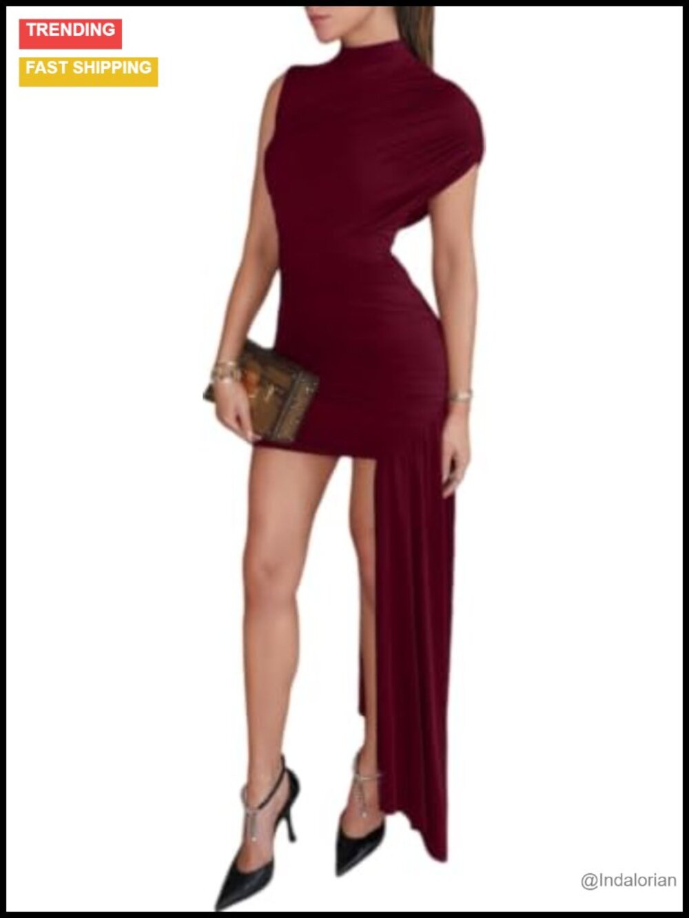 Women's Ruched Mini Dress Asymmetric Sleeve Mock Neck Bodycon Cocktail